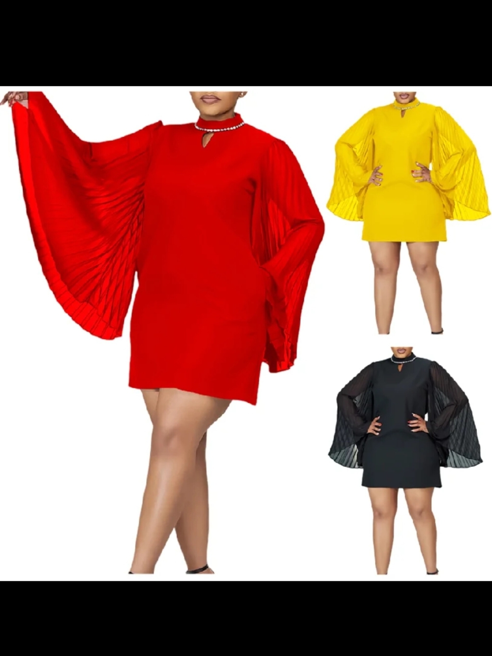 Red Pleated Bell Sleeve Mini Dress